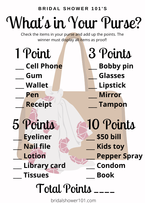 Free Printable “What's In Your Purse?” Game For Bridal Shower | Bridal  Shower 101