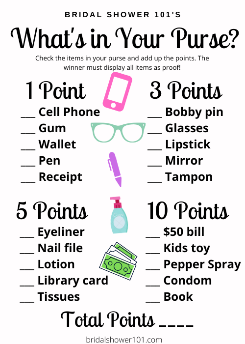 Free Printable “What’s In Your Purse?” Game For Bridal Shower Bridal