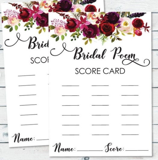 Bridal shower game score card