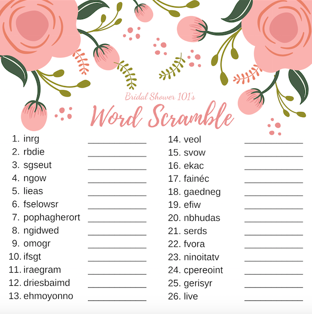 Free Printable Bridal Shower Games Word Scramble Included In Each Set Are: