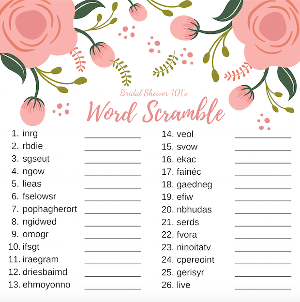 Bridal Shower Word Scramble Game Bridal Shower 101