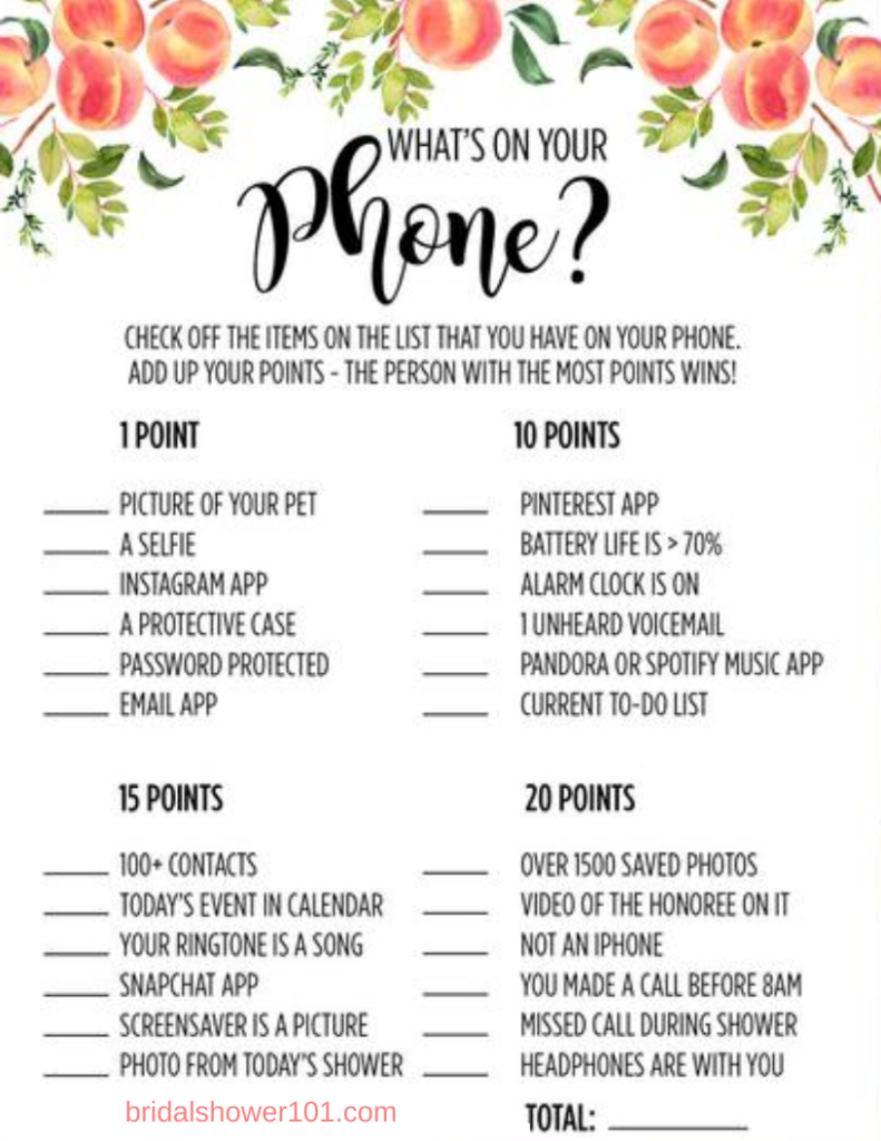 Wedding Shower Virtual What's on Your Phone Party Games Bridal Shower Game Instant Download Hen Party Bachelorette Printable