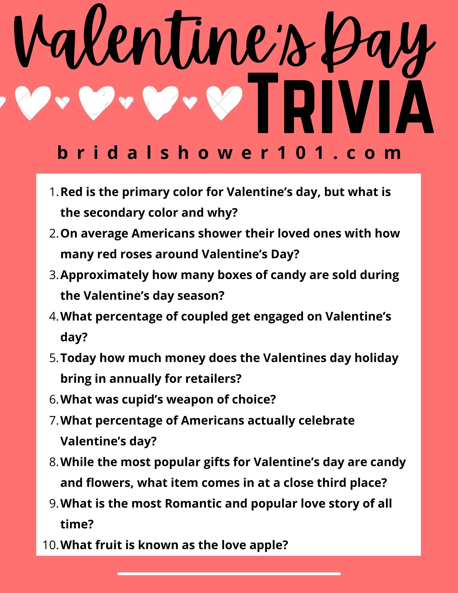 Questions For Valentine s Day Trivia Bridal Shower 101