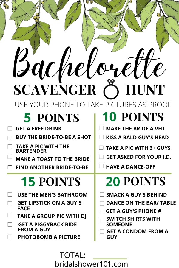 FREE Bachelorette Scavenger Hunt Game Bridal Shower 101