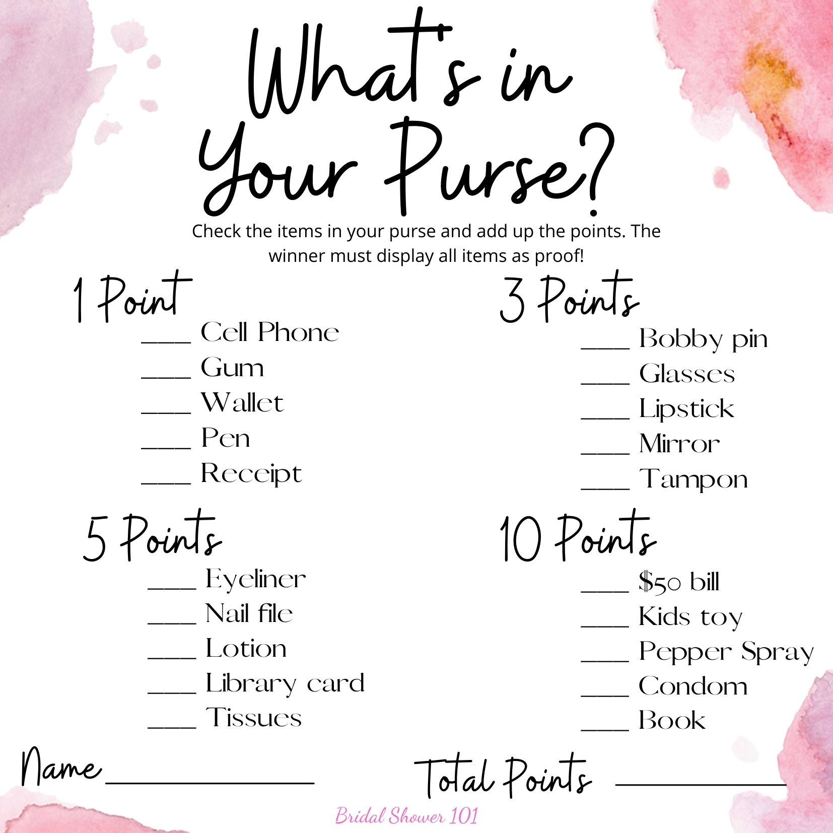 Bridal Shower Purse Game Free Printable