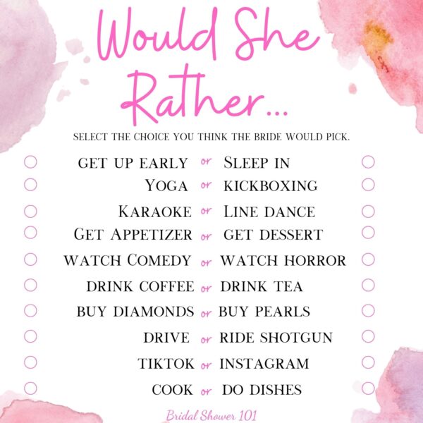 Free Would She Rather Bridal Shower Game | Bridal Shower 101