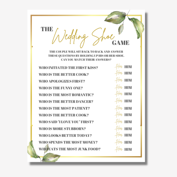 Wedding Shoe Game Printable Greenery and Gold Bridal Shower 101