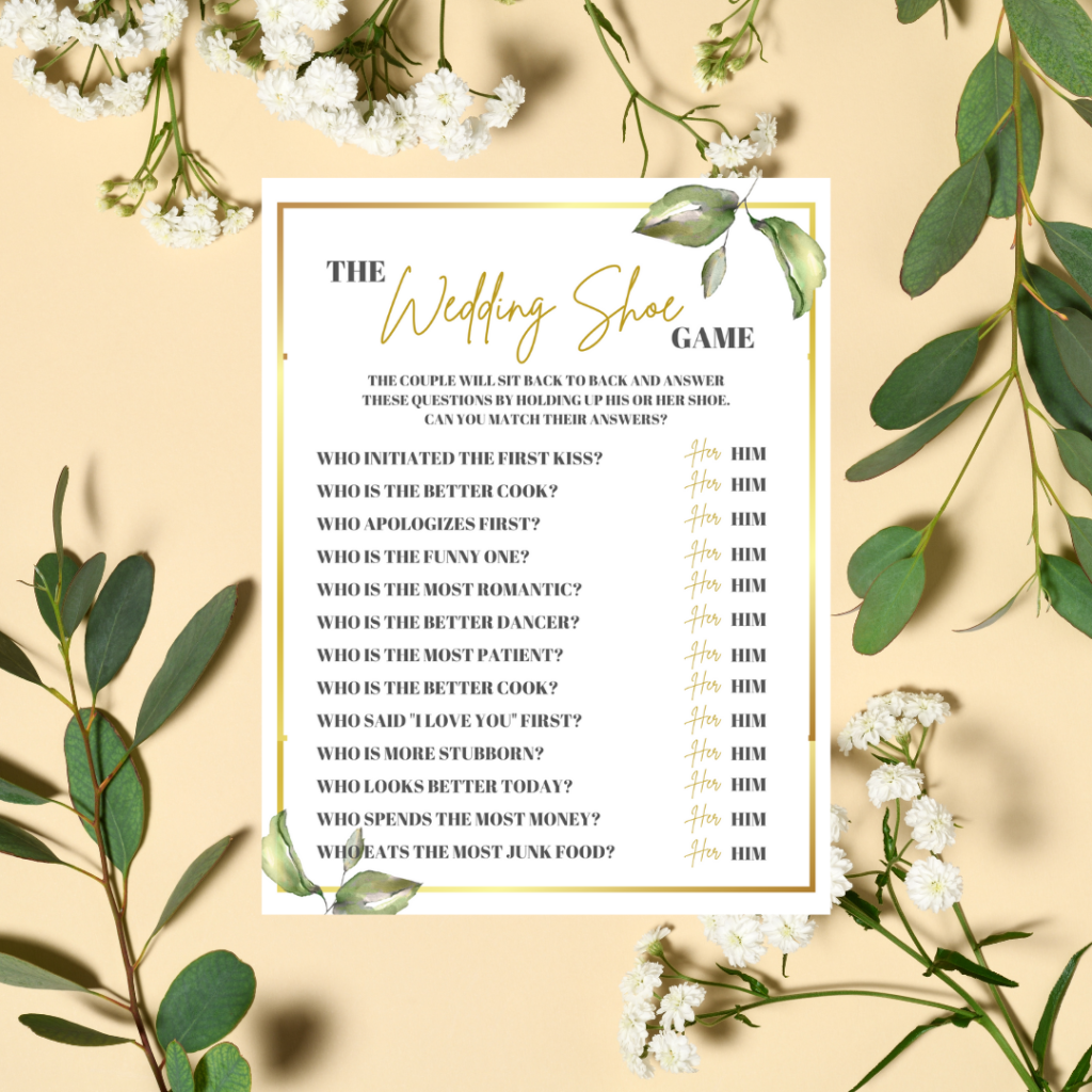 Wedding Shoe Game Printable Greenery And Gold Bridal Shower 101