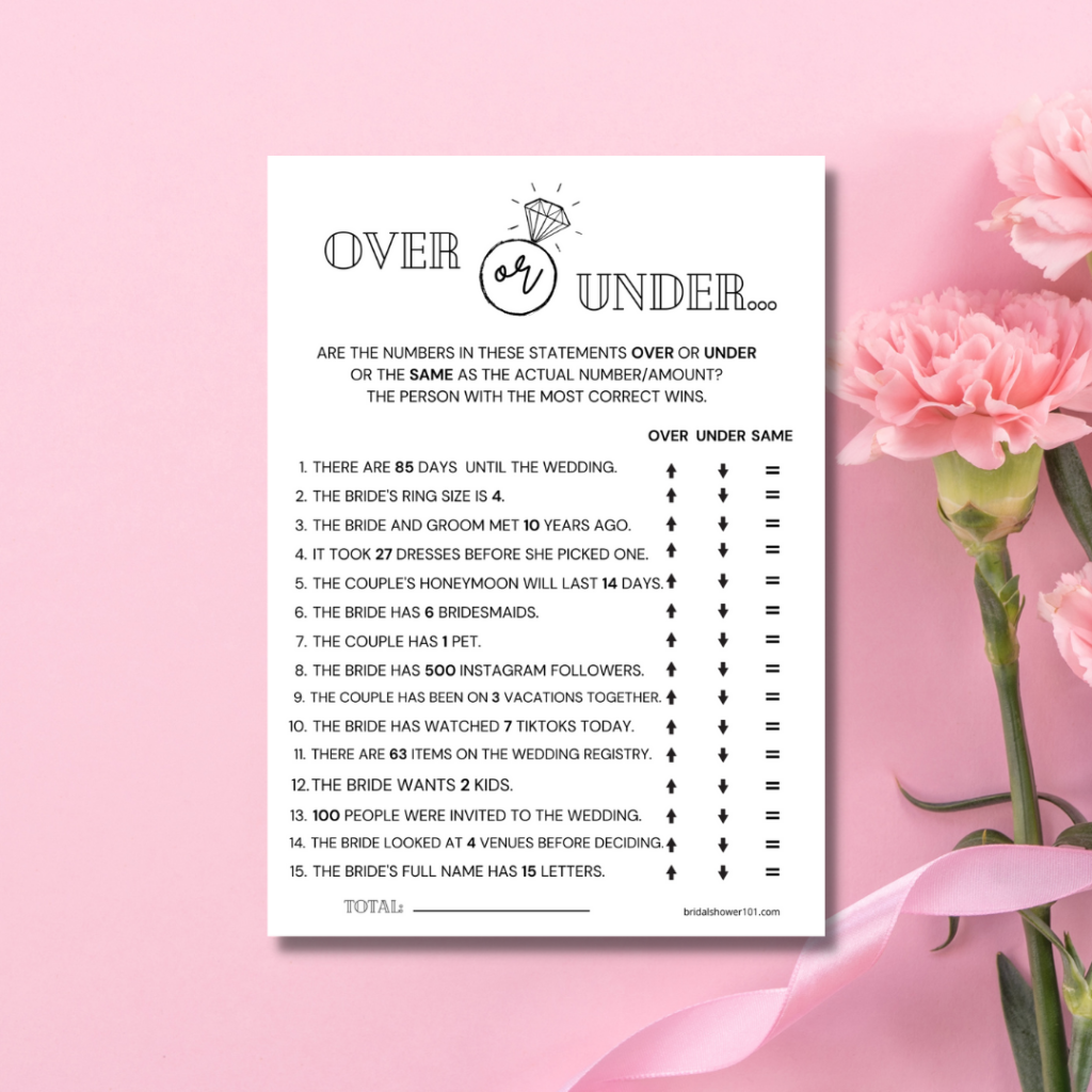 Over Or Under Bridal Shower Game Printable Bridal Shower 101