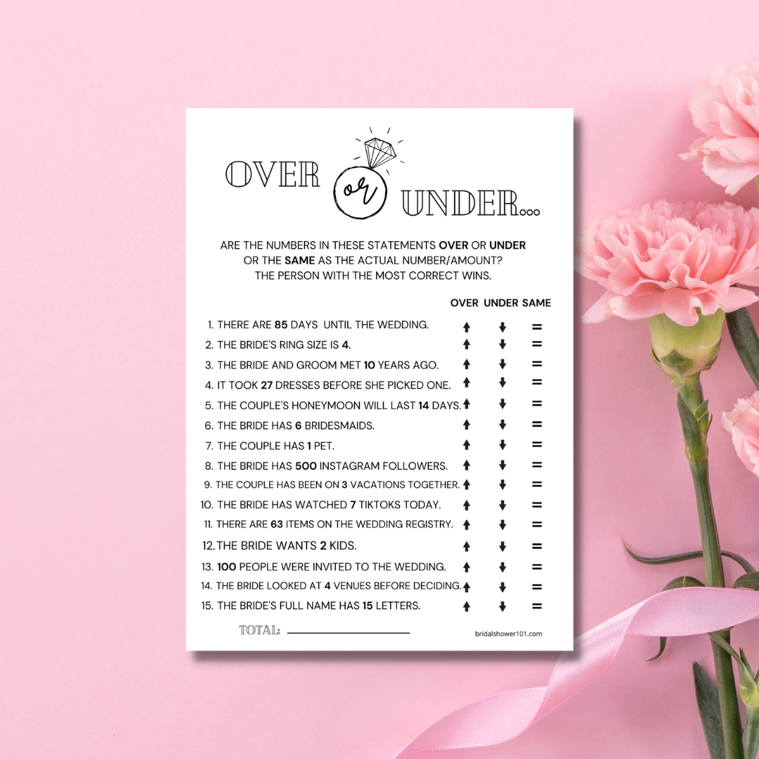 Over Or Under Bridal Shower Game Printable Bridal Shower 101