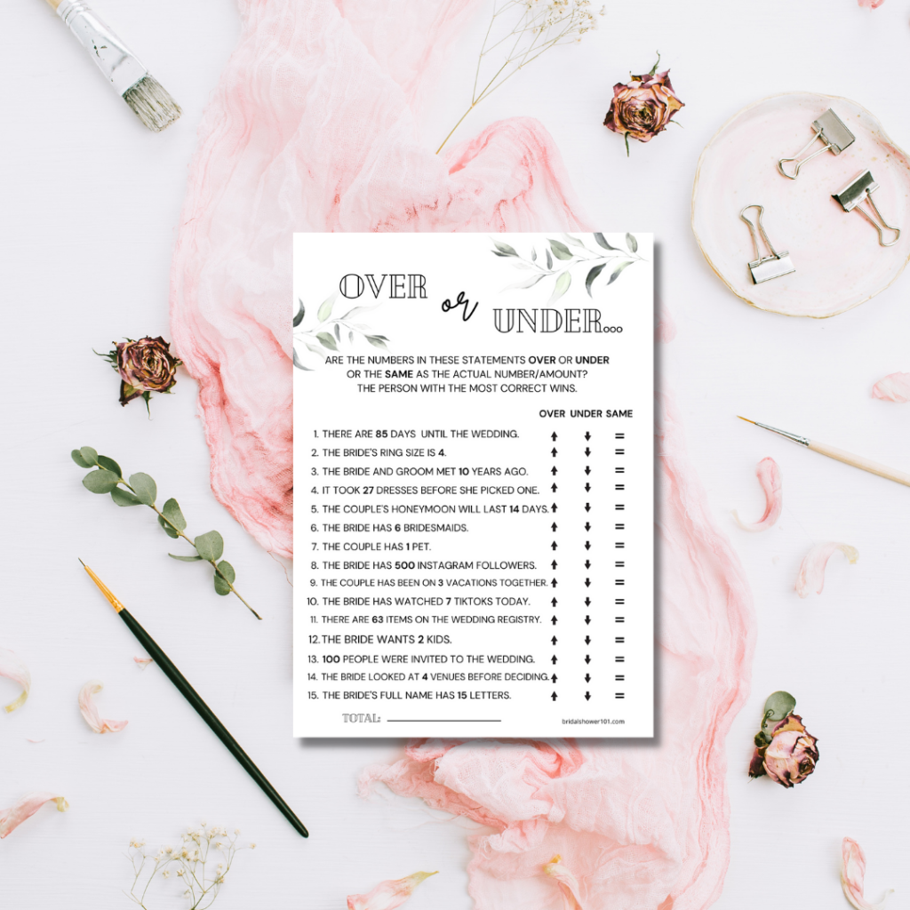 Over or Under Bridal Shower Game Printable | Bridal Shower 101