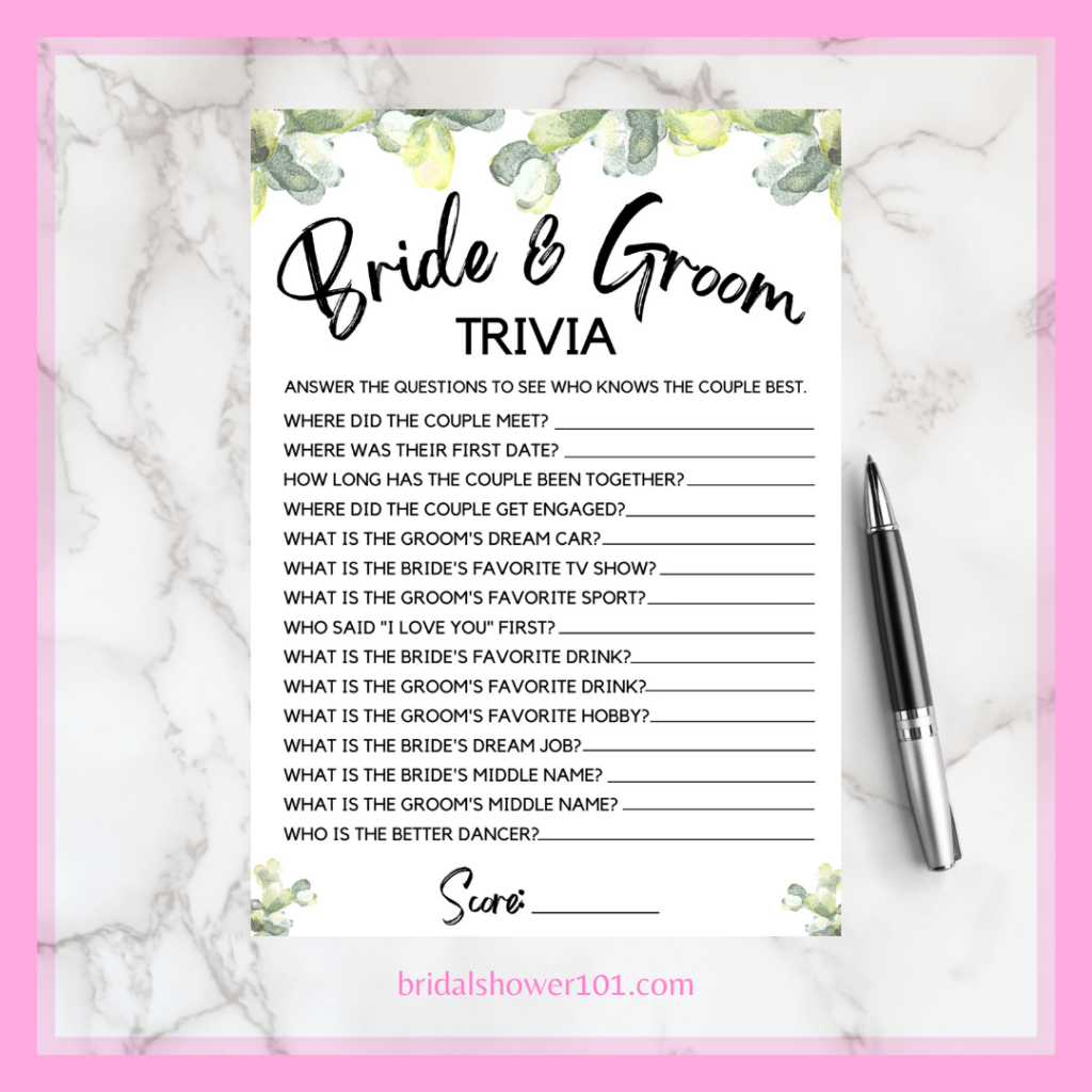 Bride and Groom Trivia Bridal Shower 101