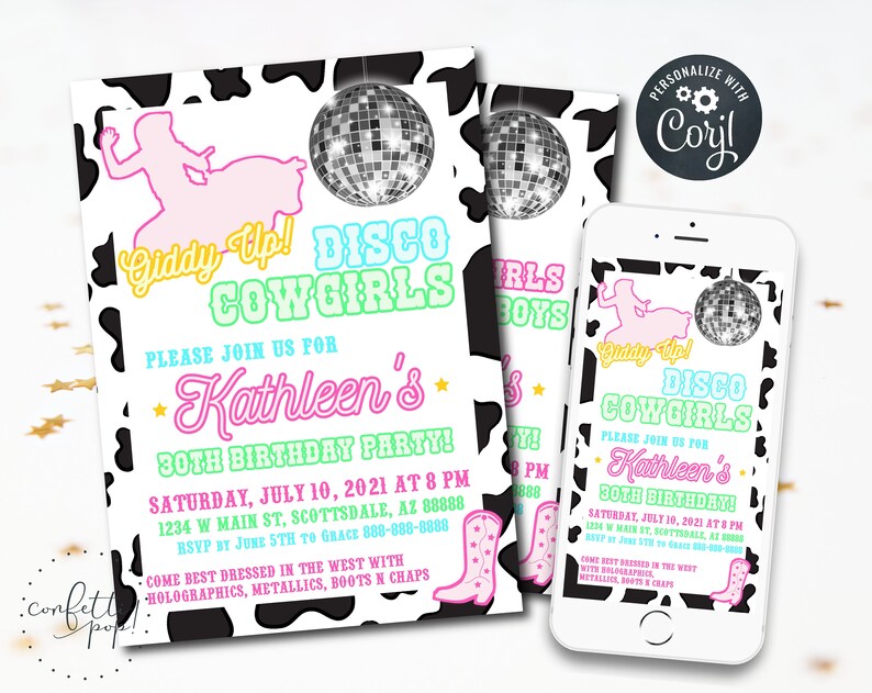 disco cowgirl invitations