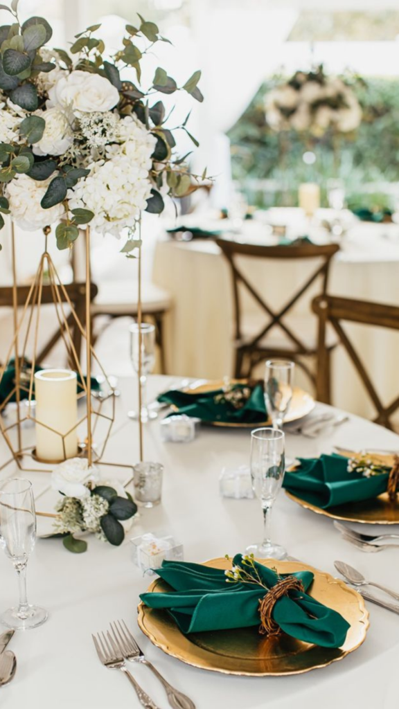 emerald and gold table setting