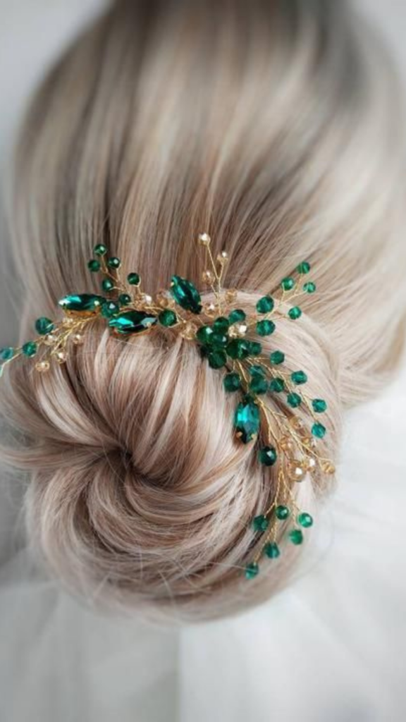 emerald and gold wedding hair