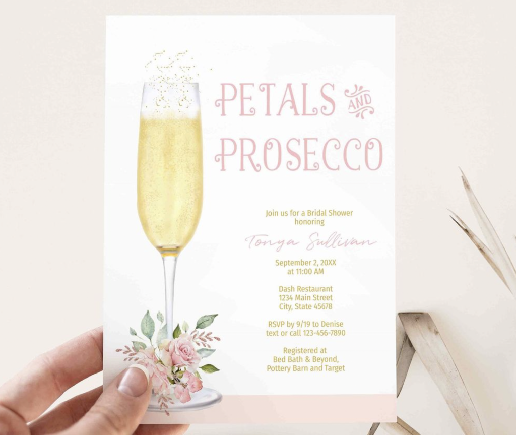 petals and prosecco bridal shower invitations